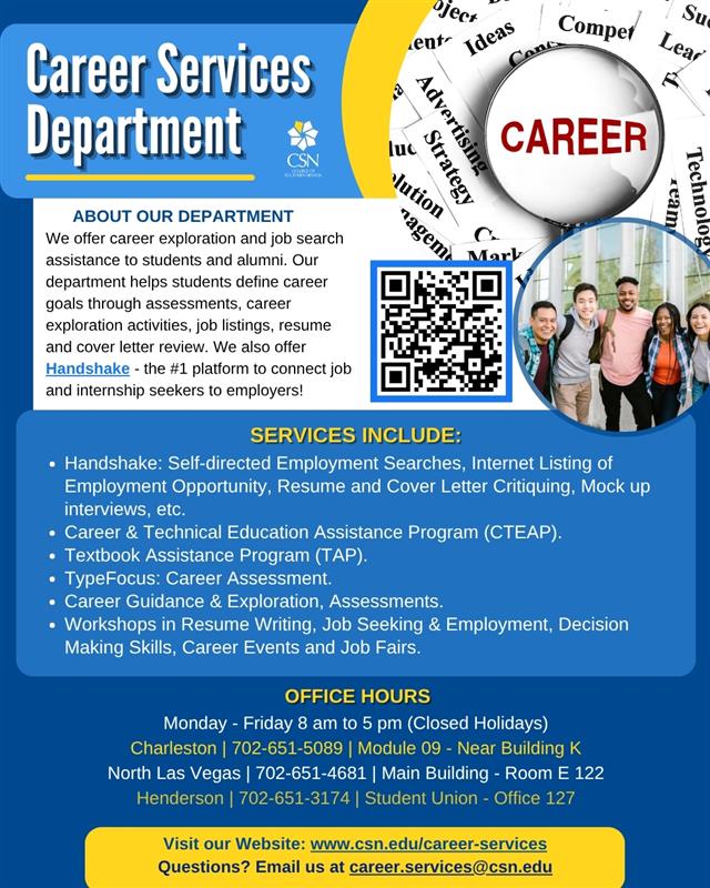 CSNCareerServ's tweet image. Looking for career support at CSN? 📝💼 Career Services offers resume help, mock interviews, job search tips, and textbook assistance too! Explore all they offer: csn.edu/career-services
#CSNStudents #CareerReady #CSNSupport