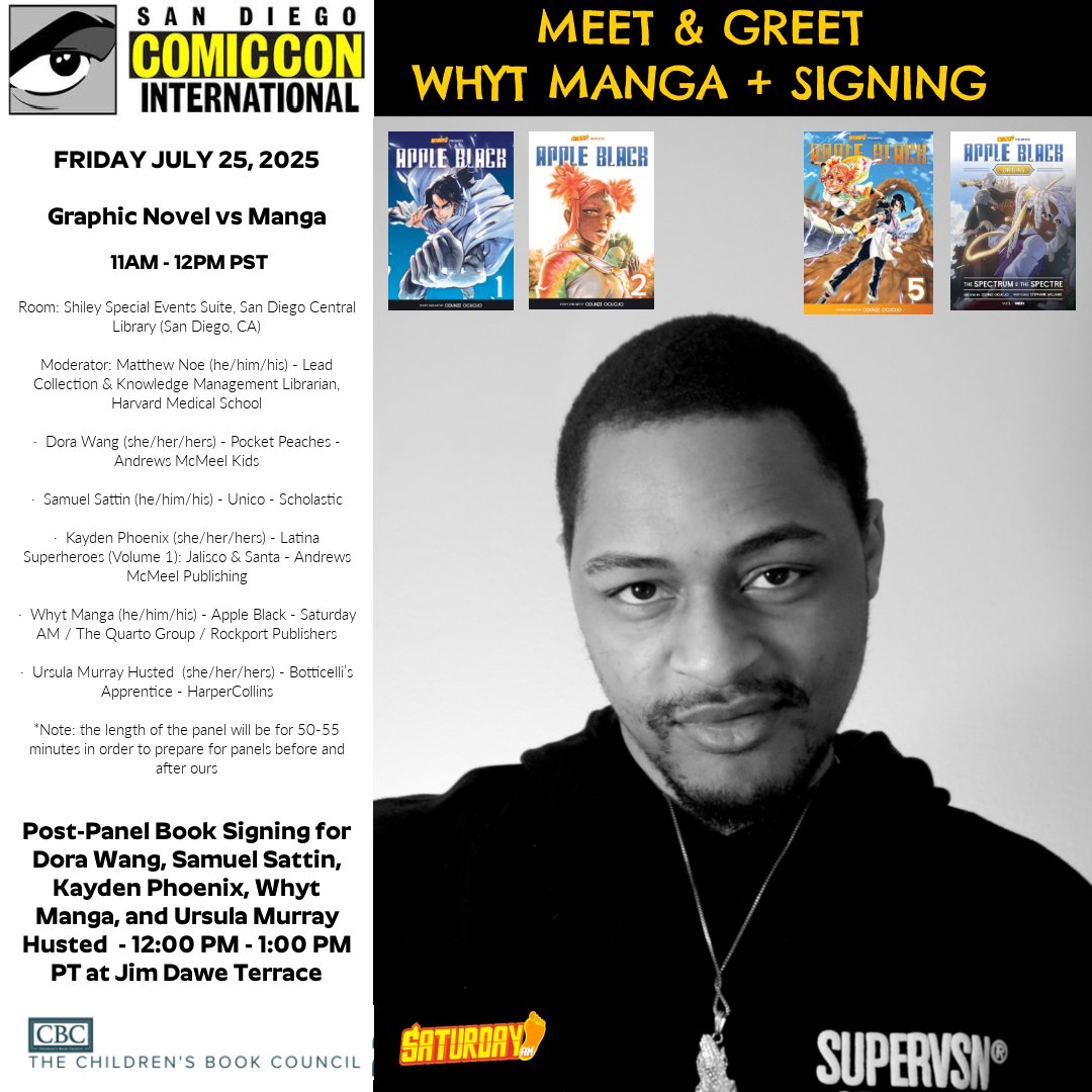 SAN DIEGO COMICON 2025 and SATURDAY AM's WHYT MANGA!!

Heads up, folks!

<a href="/WhytManga/">WhytManga Odunze</a> will join TWO PANELS at the annual mega convention for Pop culture, film, anime, comics and manga fans!

1st up is Thursday 24th and will be a <a href="/webtoonofficial/">WEBTOON</a> panel profiling the move that many