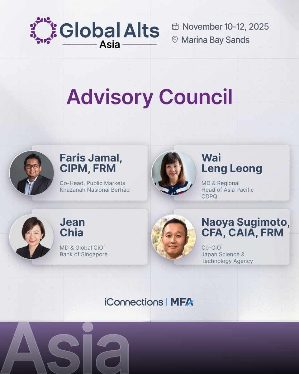 iconnections_io's tweet image. 📣 Announcing the #GlobalAltsAsia Advisory Council—a group of industry leaders guiding this year’s agenda in Singapore.

Stay tuned for more updates as we build an agenda tailored to what matters most in alternatives. #AlternativeInvestments hashtag#APAC…