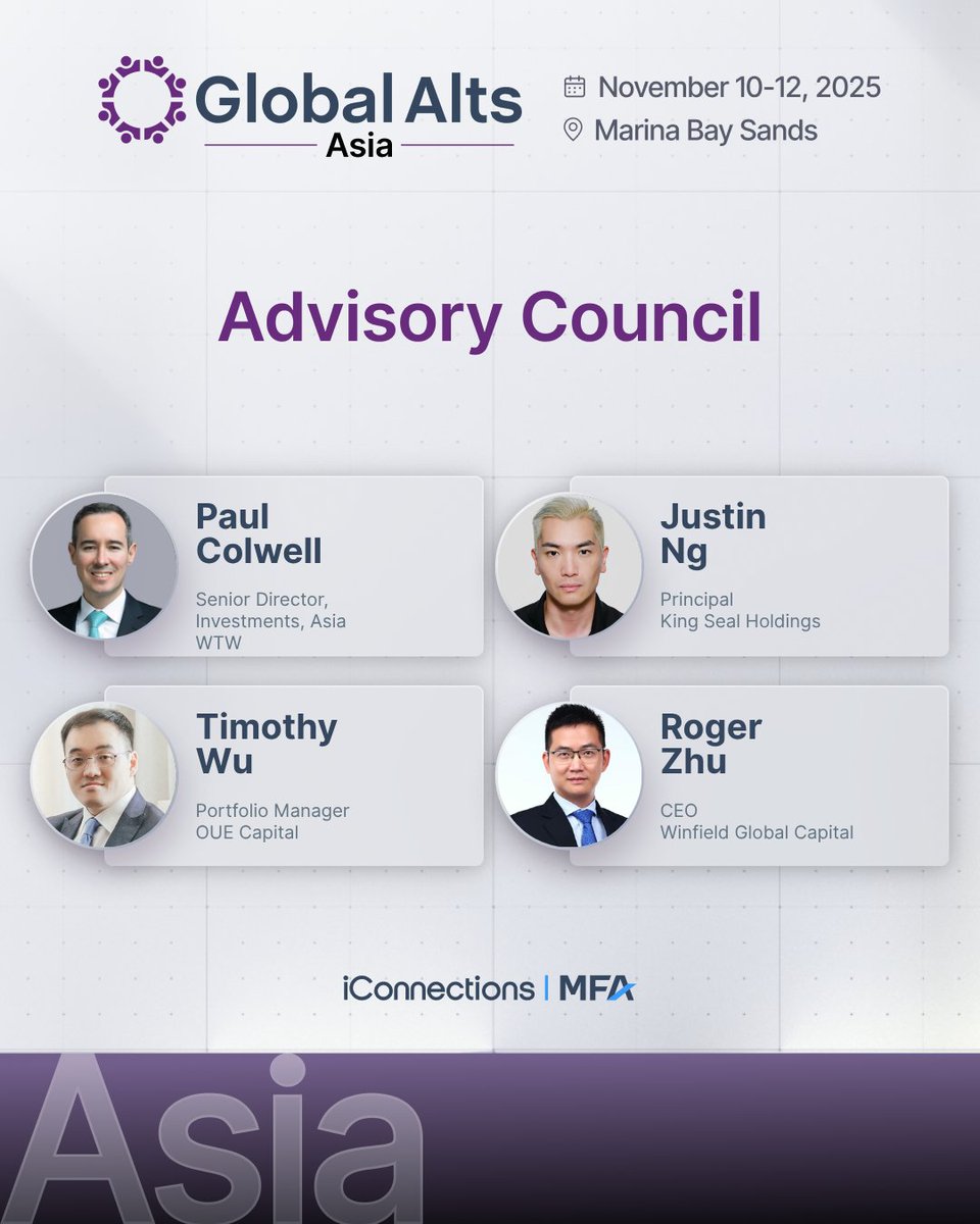 iconnections_io's tweet image. 📣 Announcing the #GlobalAltsAsia Advisory Council—a group of industry leaders guiding this year’s agenda in Singapore.

Stay tuned for more updates as we build an agenda tailored to what matters most in alternatives. #AlternativeInvestments hashtag#APAC…