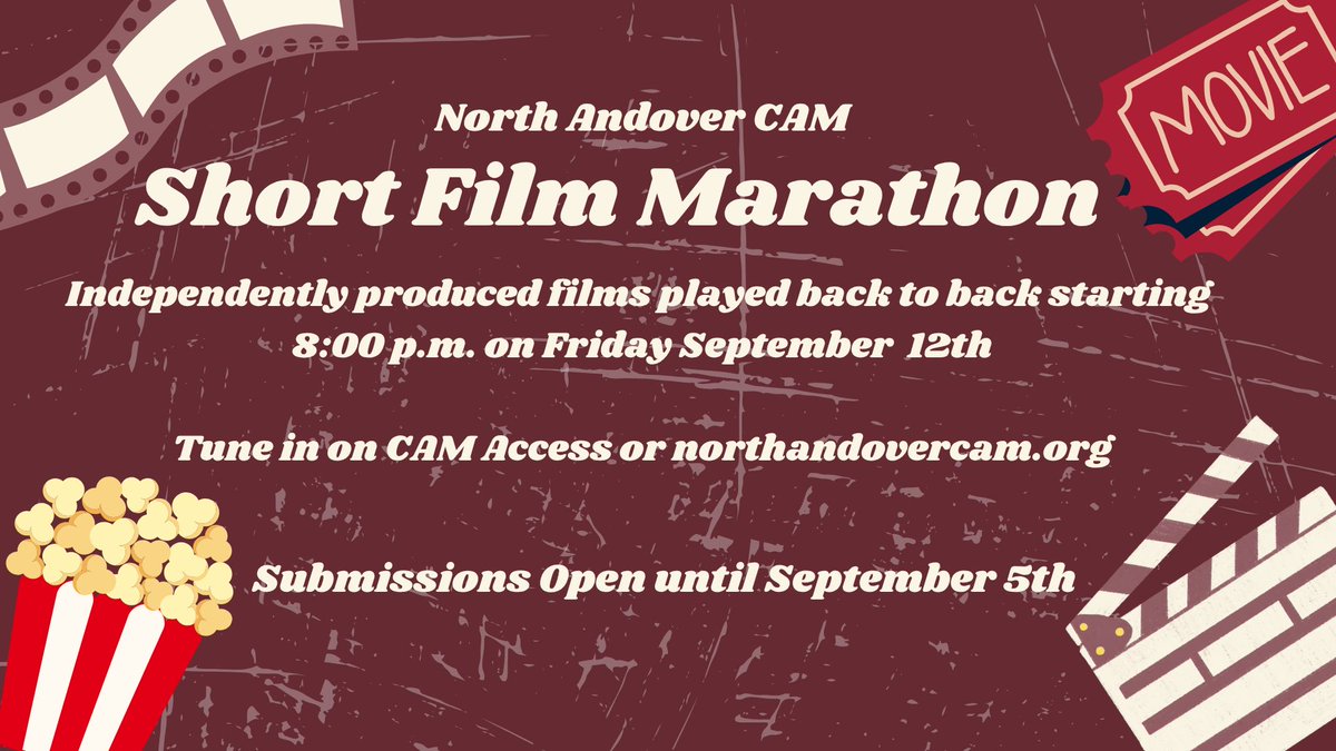 NorthAndoverCAM's tweet image. 🚨 Short Film Marathon Submissions Open Now

Submit your short film to get played on TV

Filmmakers of all ages and experience levels welcome!

🔗 buff.ly/GhsVDAu