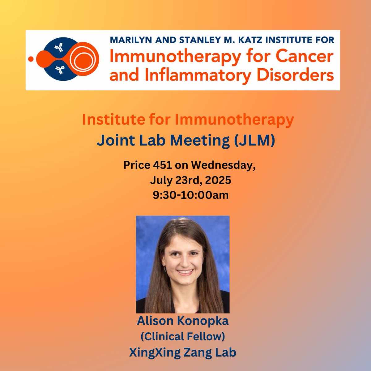 Katz Institute for Immunotherapy (@ifi_einstein) on Twitter photo Don’t Miss the Season’s Last IFI-JLM Scientific Session!!
📅 When: July 23rd
📷 Topics: #ImmuneCheckpoints #Immunotherapy
🎤 Featuring: Alison Konopka from <a href="/xingxing_zang/">XingXing Zang</a> Lab!!
<a href="/EinsteinPhD/">EinsteinPhD</a>
<a href="/ae_cancercenter/">ME Cancer Center</a>
<a href="/EinsteinMSTP/">EinsteinMSTP</a>
<a href="/EinsteinMed/">Albert Einstein College of Medicine - Official</a>
<a href="/MontefioreNYC/">Montefiore Health System</a>
<a href="/MontefiorePeds/">Montefiore Pediatrics</a> Don’t Miss the Season’s Last IFI-JLM Scientific Session!!
📅 When: July 23rd
📷 Topics: #ImmuneCheckpoints #Immunotherapy
🎤 Featuring: Alison Konopka from <a href="/xingxing_zang/">XingXing Zang</a> Lab!!
<a href="/EinsteinPhD/">EinsteinPhD</a>
<a href="/ae_cancercenter/">ME Cancer Center</a>
<a href="/EinsteinMSTP/">EinsteinMSTP</a>
<a href="/EinsteinMed/">Albert Einstein College of Medicine - Official</a>
<a href="/MontefioreNYC/">Montefiore Health System</a>
<a href="/MontefiorePeds/">Montefiore Pediatrics</a>