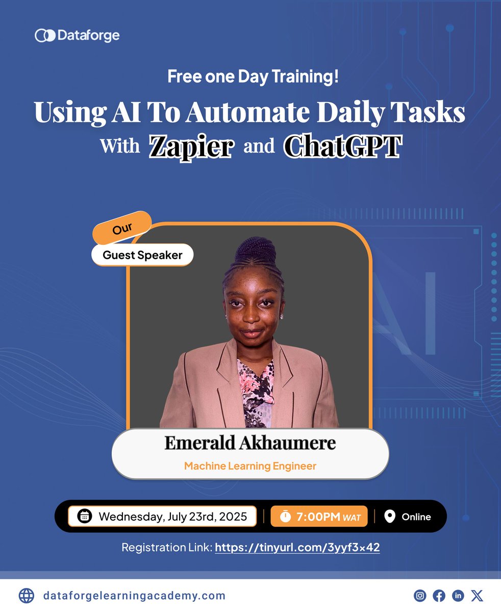 Free AI Training This Wednesday
Want to stop wasting time on boring tasks?
Learn how to automate them using Zapier + ChatGPT — no coding needed!
 Led by Emerald Akhaumere, Machine Learning Engineer
 Wednesday, July 23rd
 7:00 PM WAT
 Online
🔗 Register: tinyurl.com/3yyf3x42