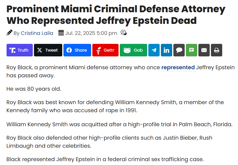 stevegrubershow's tweet image. 🚨BREAKING 🚨 Prominent Miami Criminal Defense Attorney Who Represented Jeffrey Epstein Dead
AND SO IT BEGINS!!
Roy Black was best known for defending William Kennedy Smith, a member of the Kennedy family who was accused of rape in 1991.
Black represented Jeffrey Epstein in a…