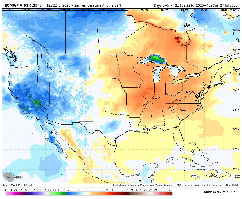 BigJoeBastardi's tweet image. evolution in 5-day periods of US temperatures as MJO rolls into colder phases after the heat wave. Above to much above normal 2 weeks in the tropics, a possibility before Aug 20