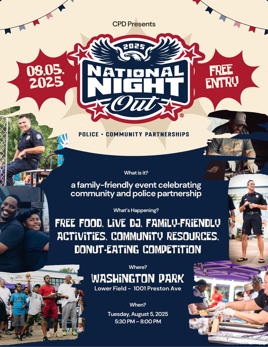 🎉 National Night Out 🎉
📅 Aug 5 | 🕠 5:30–8PM
📍 Washington Park – Lower Field

Join CPD, neighbors &amp; community partners for FREE food, games, music &amp; more! 🍩🎶🚓
Family-friendly &amp; open to all!

#NationalNightOut #CharlottesvilleVA #CommunityFirst #CvillePolice