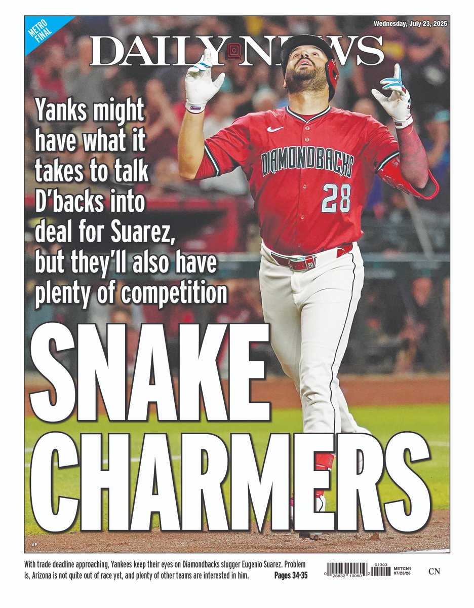BackPageGuyNYDN's tweet image. Here's our early @nydnsports back page, with @yankees and @mets to come @Dbacks
nydailynews.com/2025/07/22/yan…