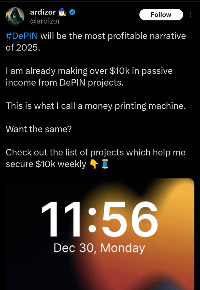 dethective's tweet image. You're still spending every day gambling on memecoins, when you could've just followed the Ardizor guide for passive income with DePIN.
$10k × 7 months × 4 weeks = $280k since the beginning of the year
Skill issue