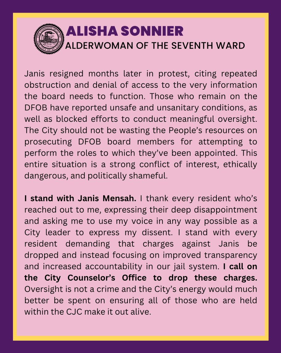 I strongly urge our City to drop all charges against Janis Mensah.  The City should instead focus our energy on improved transparency, increased accountability, and ensuring all of those who are held within the CJC make it out alive. #JanisMensah #HolisticPublicSafety