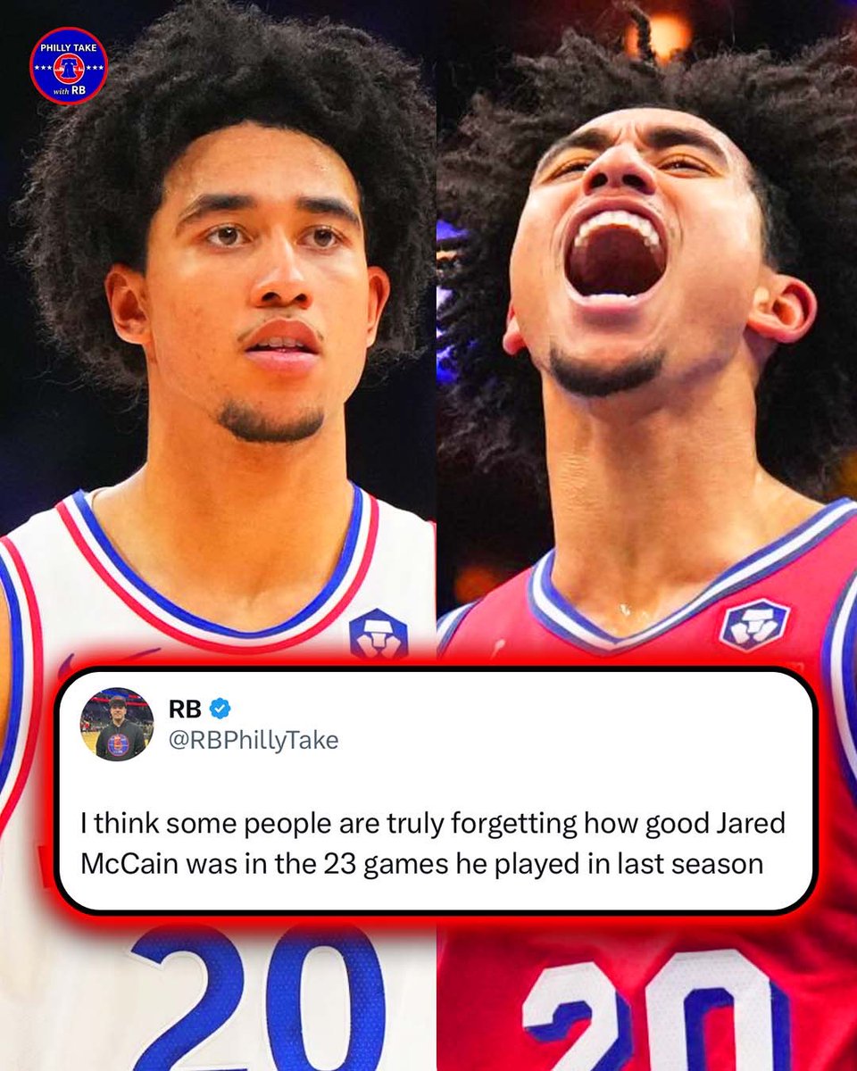 PhillyTakewRB's tweet image. Jared McCain WENT OFF in his shortened rookie season 🌟🔥
Let’s not ignore the leap he’ll take in Year 2 😤
#76ers #Sixers #JaredMcCain 🔵🔴