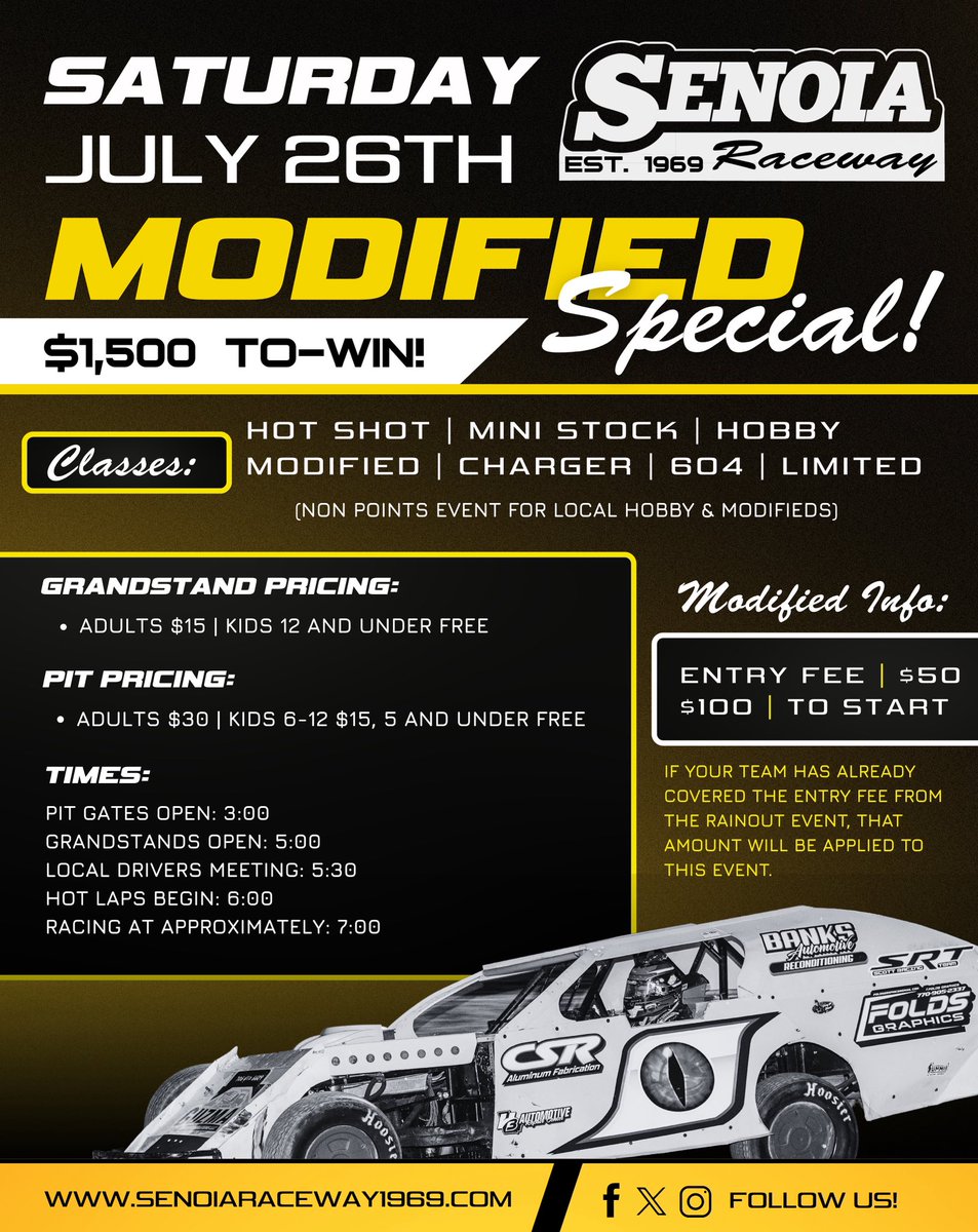 SenoiaR's tweet image. Modified Drivers, It’s GO time this Saturday, July 26th at Senoia Raceway!
💰 $1,500 to WIN
💵 $100 to START
📋 $50 Entry Fee – BUT if you already paid from the 5/3 rainout, you’re covered!