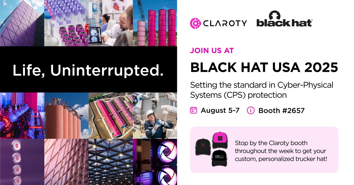 Claroty's tweet image. 🎩 Let's connect at #BHUSA! Swing by 📍 Booth 2657 and hang out with our team and partners. Discover how we're redefining cyber-physical systems (CPS) protection, and learn what @Claroty can do for you.
♠️ See you in Vegas! hubs.li/Q03xNKn20
