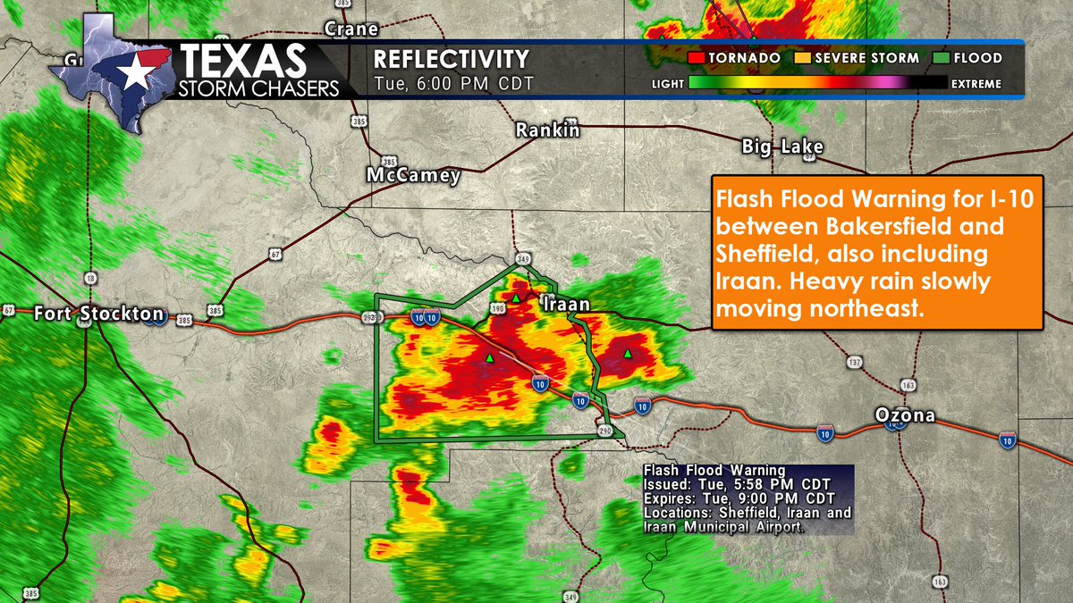 TxStormChasers's tweet image. 🕕 6:00 PM CDT
🚨 Flash Flood Warning until 9:00 PM for east-central Pecos County, including Iraan, Sheffield, and I-10 between Bakersfield and Sheffield.
Radar shows 1–2" of rain so far, with more incoming. Heavy rain is slowly moving northeast, increasing the risk of flooding.…