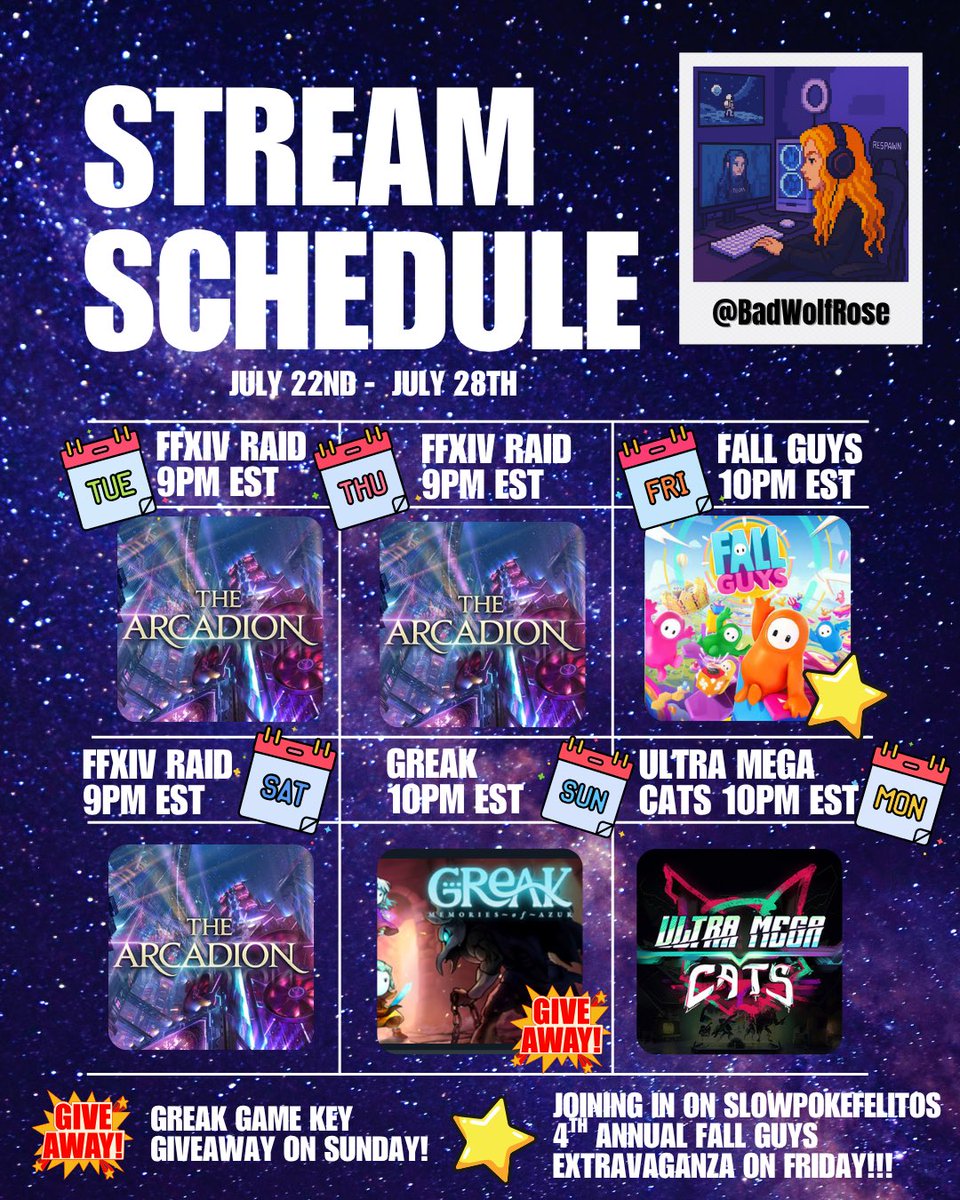 BadWolfRose4's tweet image. ✨New Stream Schedule✨
July 22nd - July 28th
✨Tues | FFXIV Raid | 9pm est
✨Thurs | FFXIV Raid | 9pm est
✨**Fri | Fall Guys | 10pm est
✨Sat | FFXIV Raid | 9pm est
✨***Sun | Greak | 10pm est
✨Mon | Ultra Mega Cats | 10pm est
**Friday, we are joining @SlowpokeFelitos and…