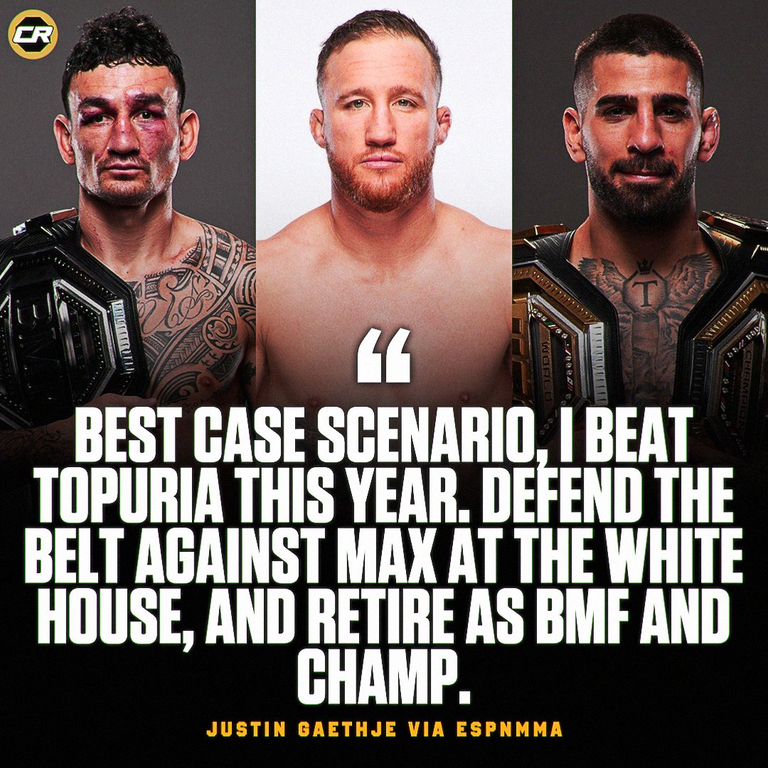 ChampRDS's tweet image. Justin Gaethje lays out his dream scenario:
"I beat Topuria this year, defend it against Holloway on the White House lawn, and retire with the BMF and the championship belt." 👀
(via @espnmma)