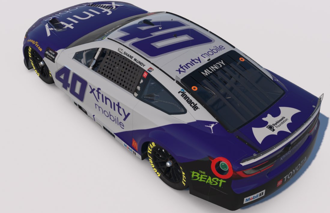 ShaneMundy45's tweet photo. Our #40 will dawn a bat on the rear deck-lid with @ParkinsonDotOrg in NiS at @IMS for the @iRacing #Brickyard400, in tribute to @OzzyOsbourne. 💜🖤💜🖤💜

#40RWARD @XfinityRacing https://t.co/BJfsZOE8OE