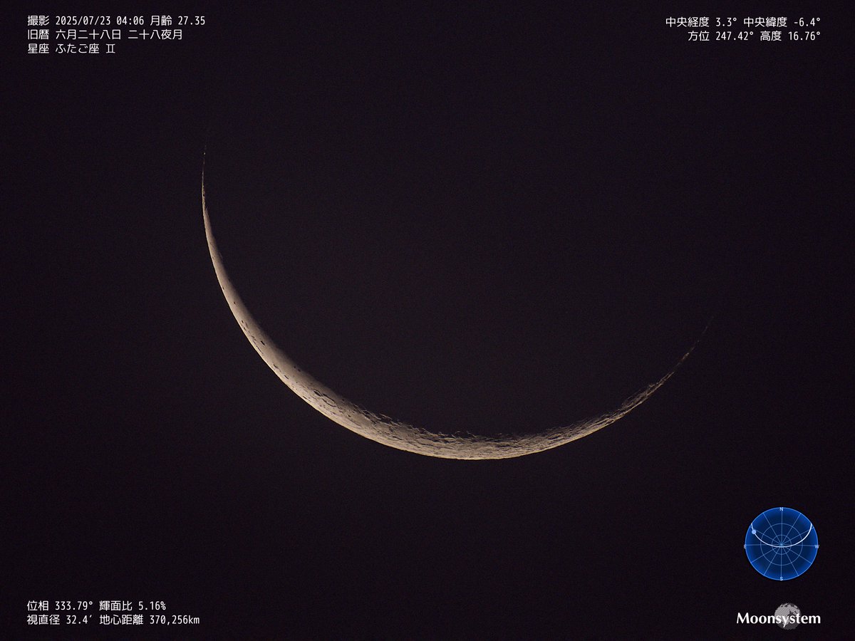 moonsystem's tweet image. 2025-07-23 04:06 #旧暦六月二十八日
#二十八夜月
日の出36分前で昇る月と迫る雲との追いかけっこでの撮影です。
完全には雲から抜け出せず薄雲でぼんやりしています。
@MoonHourSocial #MoonHour™