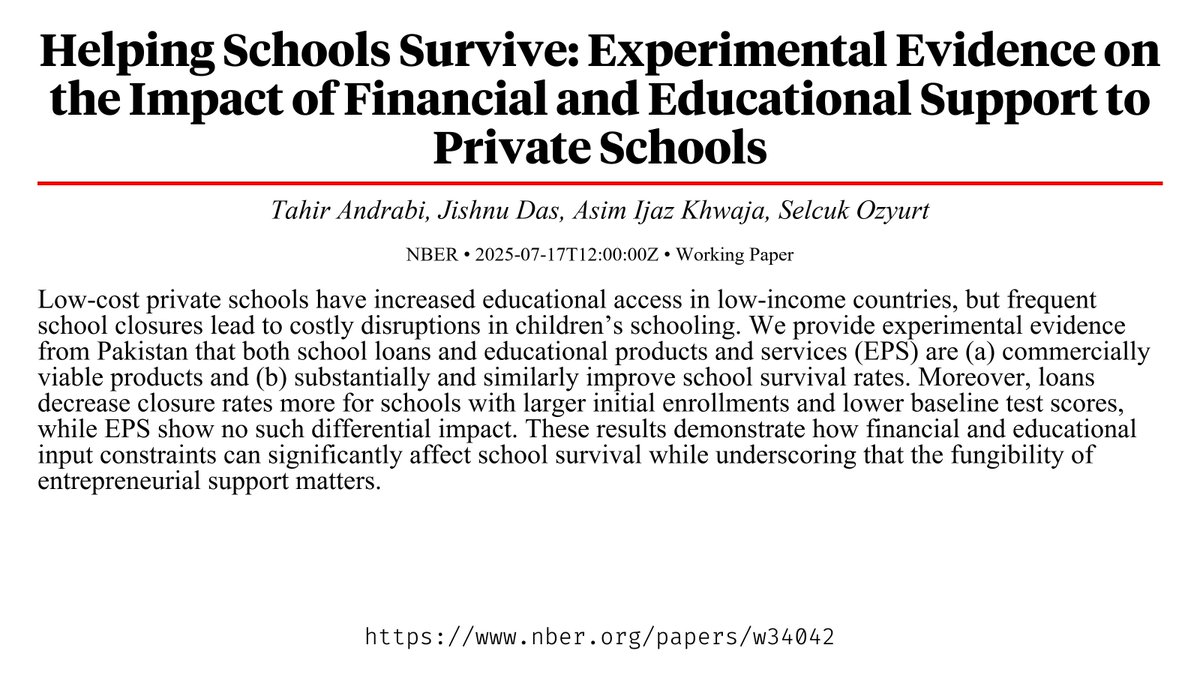 CapybaraPapers's tweet image. Helping Schools Survive: Experimental Evidence on the Impact of Financial and Educational Support to Private Schools nber.org/papers/w34042