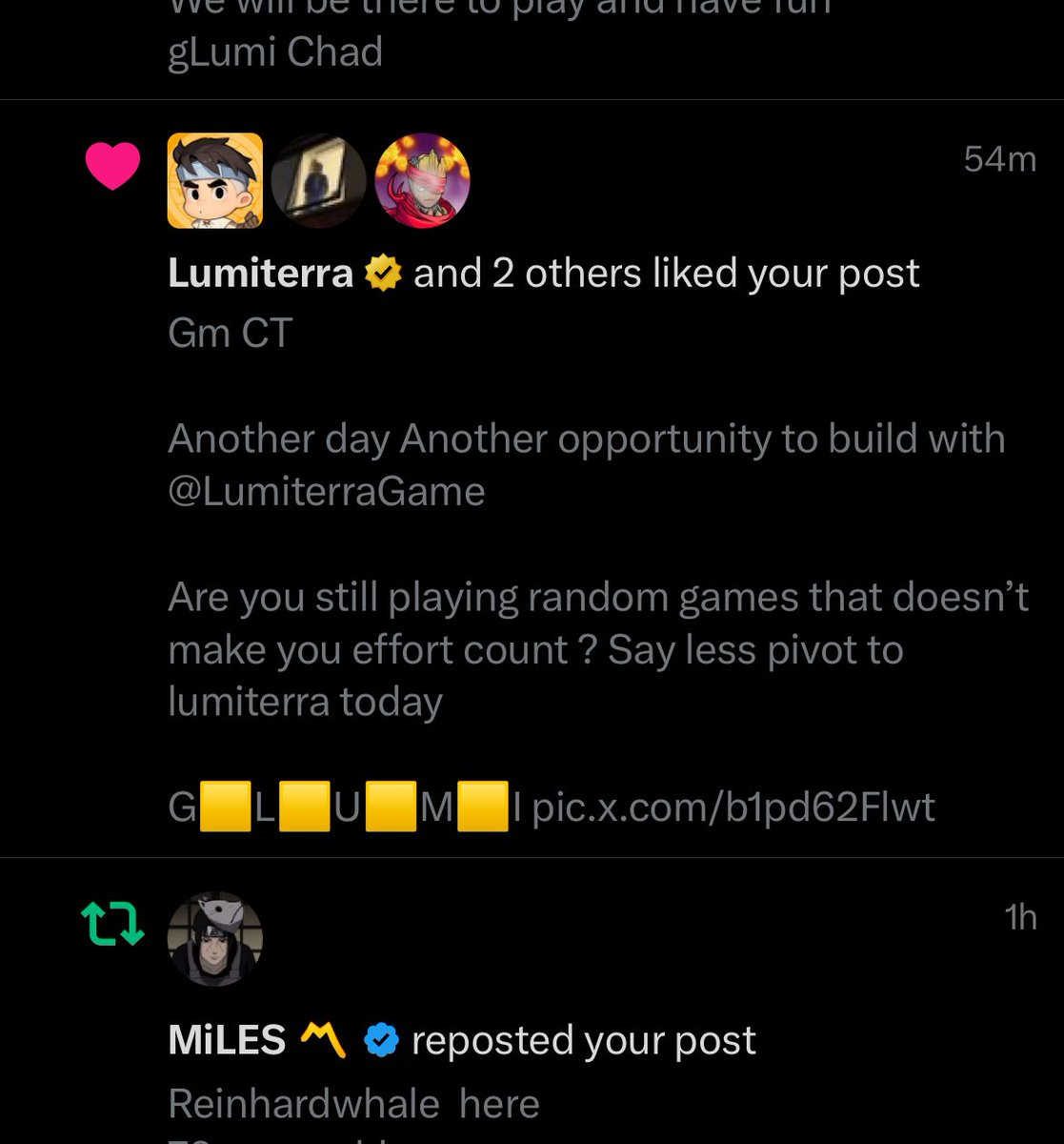 Ifeoluw221's tweet image. Always love to see when @LumiterraGame likes my post, gives more zeal to do more
Can’t wait to see what lumiterra has for us tomorrow