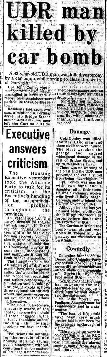 OnThisDayPIRA's tweet image. #OnThisDay in 1974 the IRA murdered John Conley, 43. Married father of 3. UDR/Creamery worker. 300lb no warning bomb exploded at 3:45 am, Garvagh. Car spotted by locals. Town cleared but Cpl Conley was returning to an older person`s home who hadn’t responded. He died 6:45 am #OTD