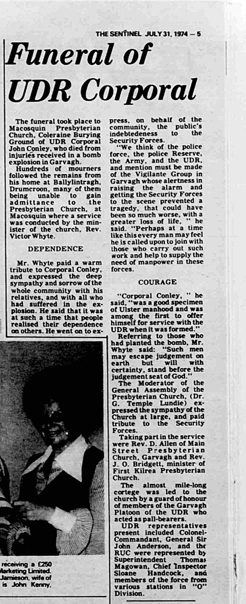 OnThisDayPIRA's tweet image. #OnThisDay in 1974 the IRA murdered John Conley, 43. Married father of 3. UDR/Creamery worker. 300lb no warning bomb exploded at 3:45 am, Garvagh. Car spotted by locals. Town cleared but Cpl Conley was returning to an older person`s home who hadn’t responded. He died 6:45 am #OTD