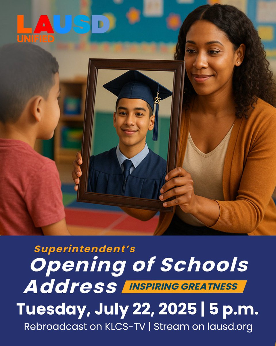 LAUSDSup's tweet image. Missed it this morning? Join us for a rebroadcast of the Superintendent’s Opening of Schools Address — a powerful launch into the new school year filled with bold ideas, student voices, and exciting new programs across LAUSD.
Rebroadcasting today — July 22 at 5 p.m.
📺 Watch on…