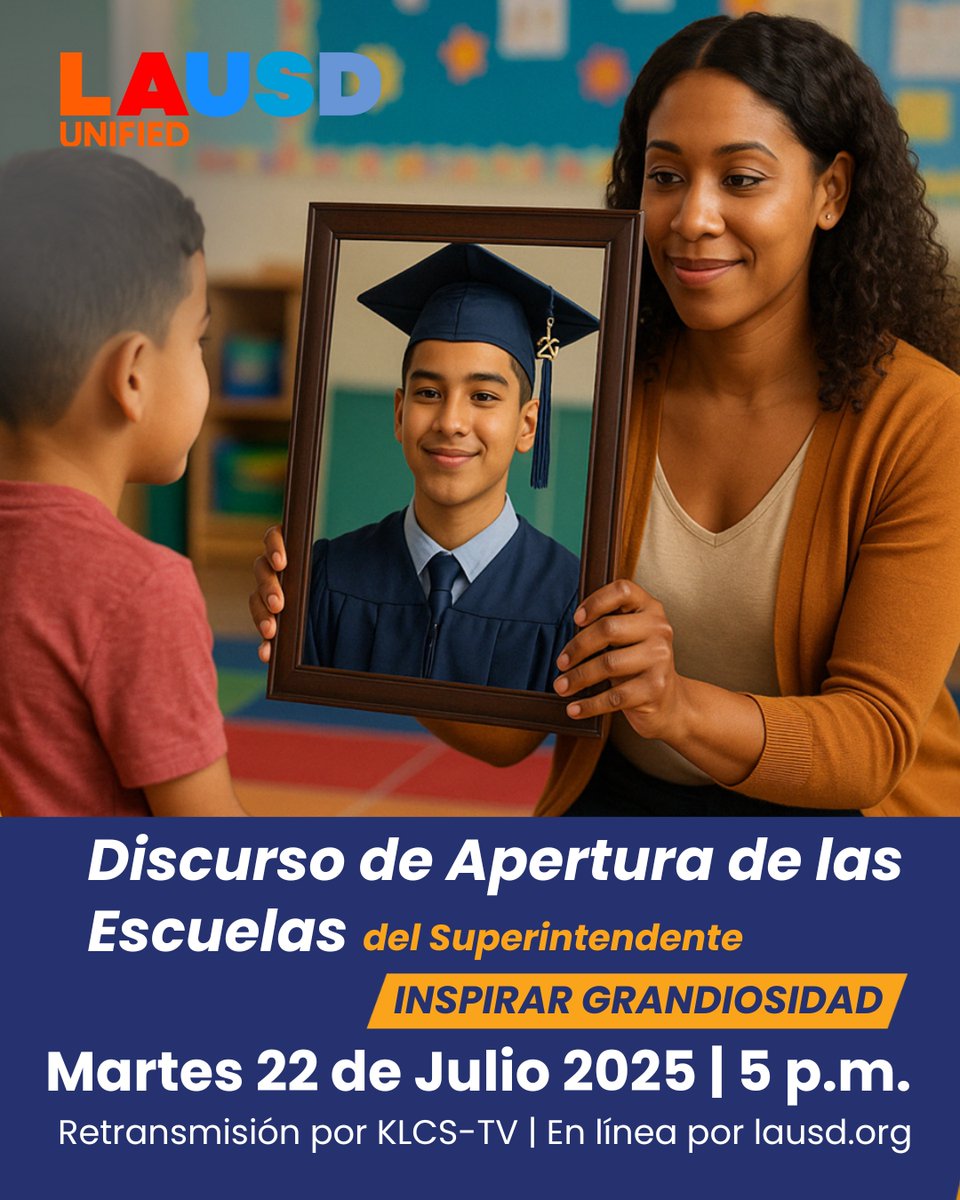 LAUSDSup's tweet image. Missed it this morning? Join us for a rebroadcast of the Superintendent’s Opening of Schools Address — a powerful launch into the new school year filled with bold ideas, student voices, and exciting new programs across LAUSD.
Rebroadcasting today — July 22 at 5 p.m.
📺 Watch on…