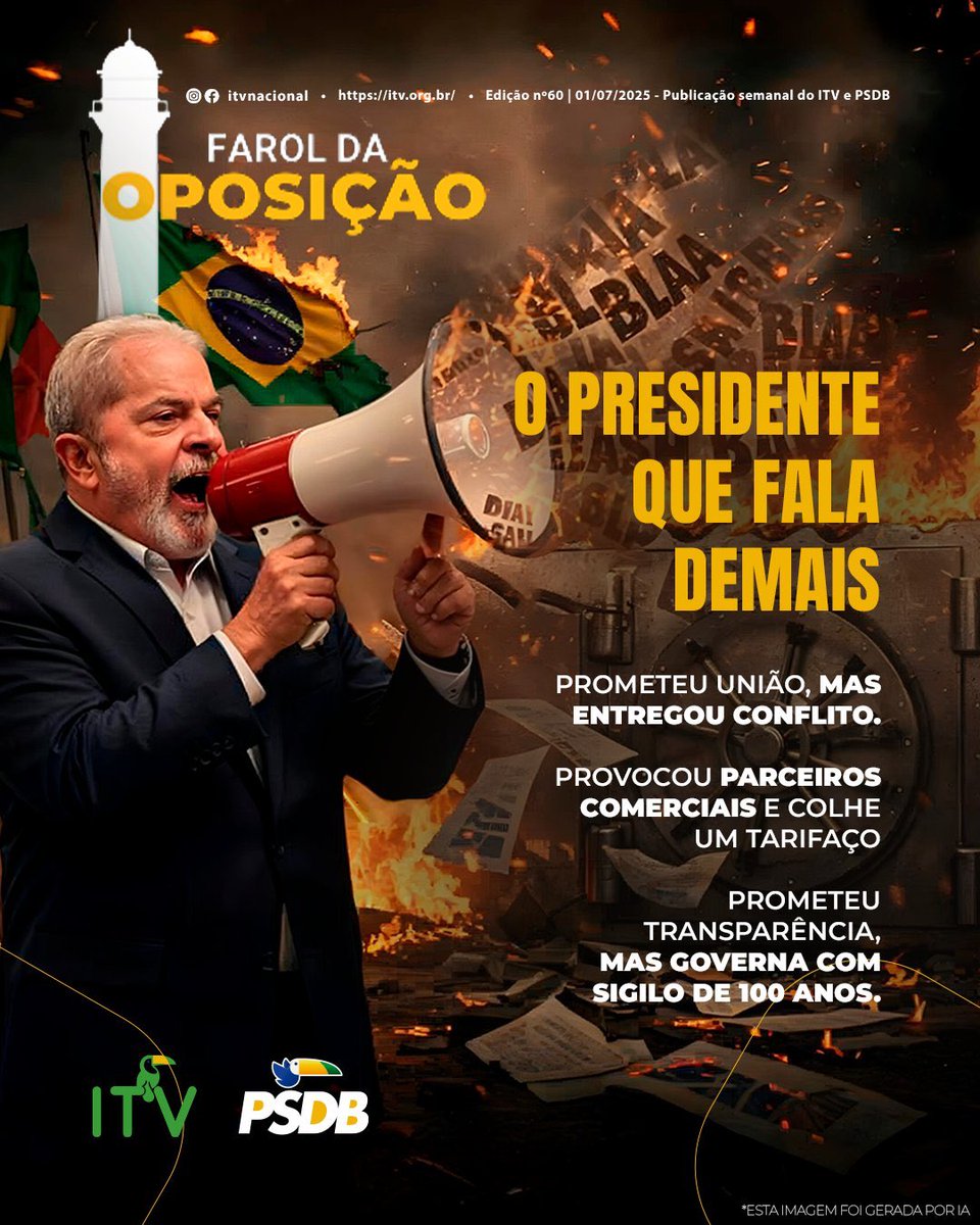 🔥 Farol da Oposição | Edição 63

📌 Lula prometeu união, mas provocou parceiros comerciais.
Prometeu diálogo, mas escolheu o confronto.
Disse que governaria com responsabilidade e transparência — mas alimentou uma crise diplomática com os EUA e ainda mantém informações sob