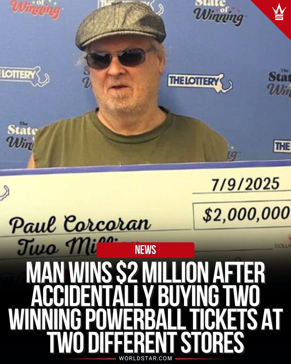 WORLDSTAR's tweet image. A Massachusetts man won $2 million after accidentally buying two winning Powerball tickets at two different stores.
Paul Corcoran of Fitchburg matched all five white balls in the July 9 drawing — twice — earning $1 million per ticket. He bought the second ticket by mistake,…