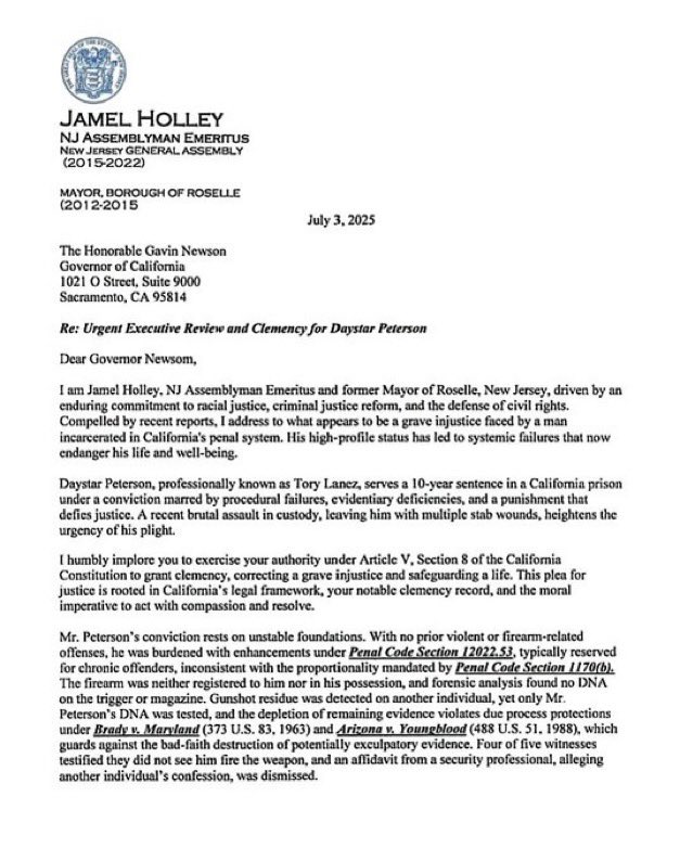 AkademiksTV's tweet image. NJ assemblyman and former Mayor Jamel Holley urges Gavin Newsom to grant clemency for Tory Lanez