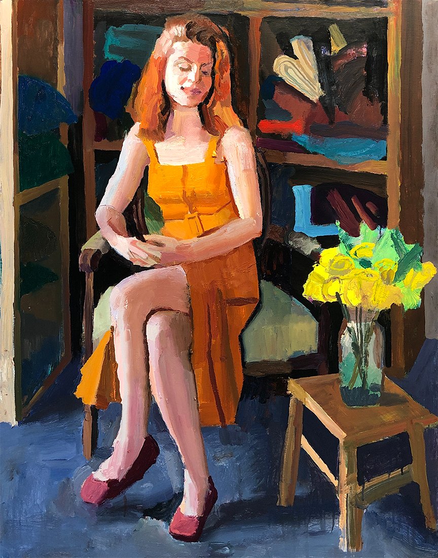 Masha in an Orange Dress - oil on canvas - 40 by 33 inches WIP