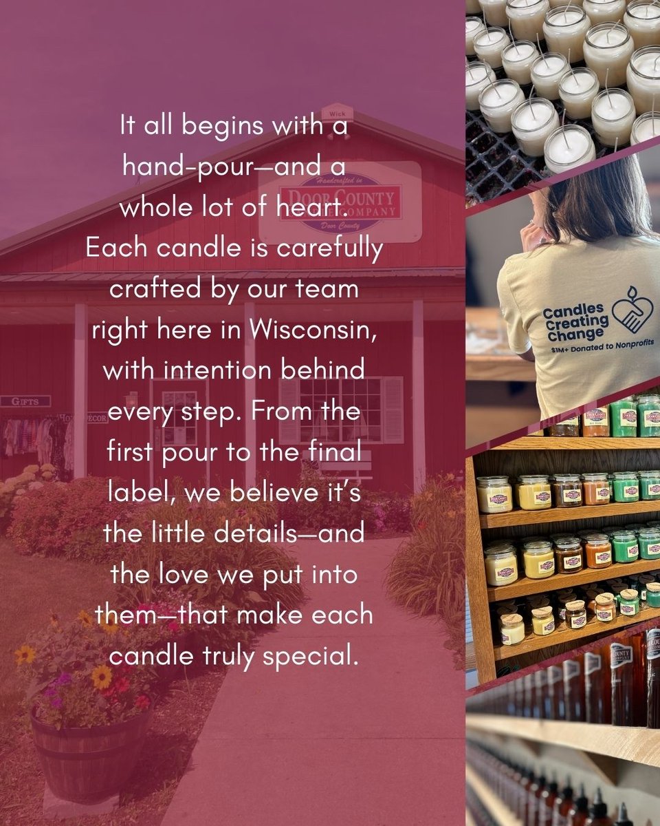 It all starts with a hand-pour and a lot of heart. 💛 Our team pours each candle with intention, right here in Wisconsin. #MadeWithHeart #LocalLove
#candlescreatingchange #candleshop #doorcounty #travelwi #travelwisconsin #doorcountywisconsin #handpouredcandle #handmade