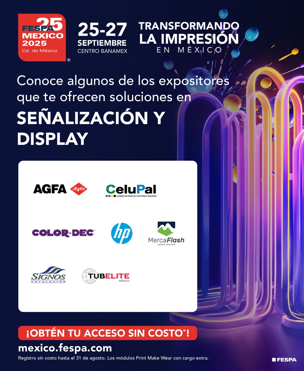 FESPAMexico's tweet photo. ¿Buscas soluciones para señalización y display?
En nuestra próxima edición encontrarás soluciones de la mano de la marcas más importantes como AGFA, Celupal, HP, Mecaflash y muchas más.

Registro sin costo hasta el 31 de agosto https://t.co/q8rZfHXNGR https://t.co/rhSX2g5qeq