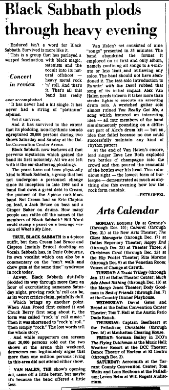 BudKennedy's tweet image. The @DallasNews' review of "Ozzie" Osbourne and Black Sabbath's 1978 Dallas show with Van Halen was unforgiving: "plodding," "non-rhythmic," "excruciating." "painfully dull"