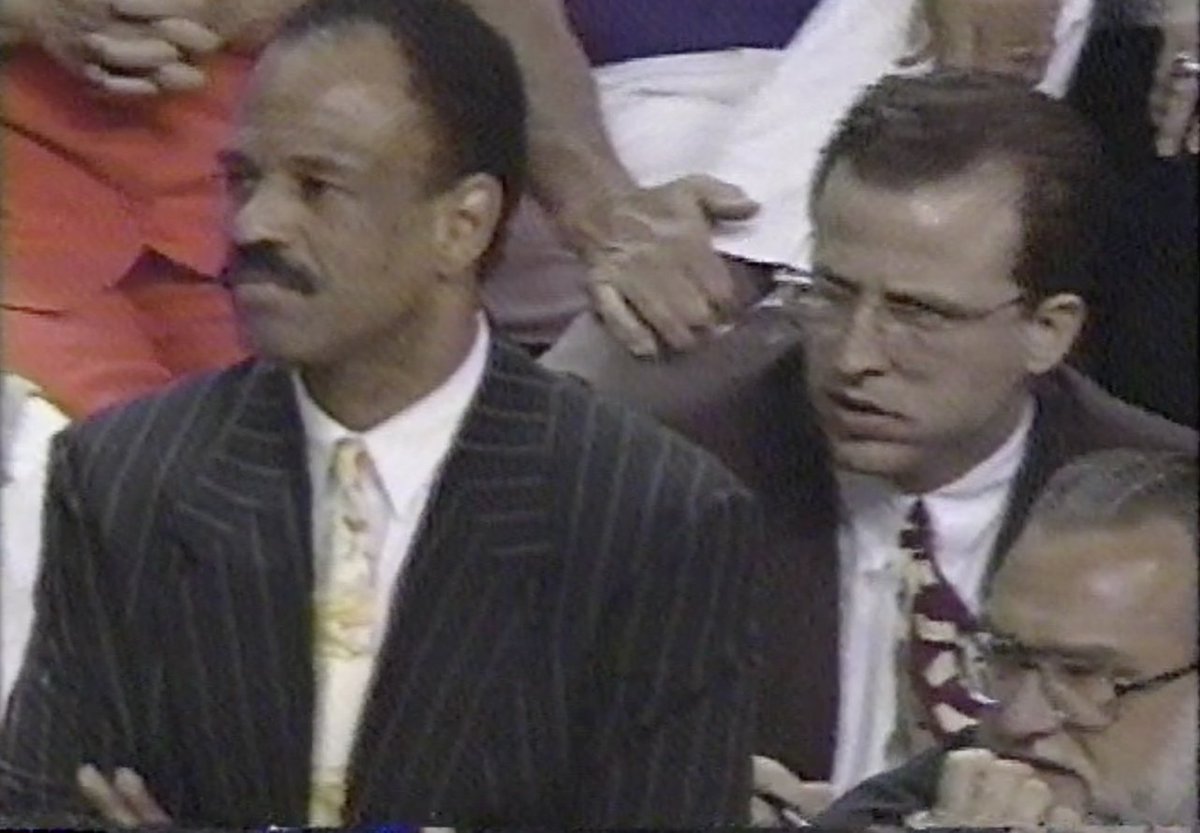 AdamSpolane's tweet image. May 13, 1993: Spurs head coach John Lucas and assistant Tom Thibodeau with pretty solid heads of hair during game two of the 1993 West Semis in Phoenix