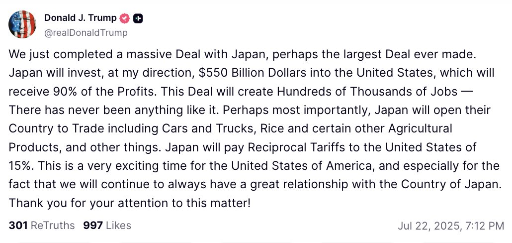 StockMKTNewz's tweet image. 🇺🇸 PRESIDENT TRUMP JUST ANNOUNCED A TRADE DEAL WITH JAPAN 🇯🇵
- JAPAN TO INVEST $550 BILLION IN US, JAPAN TO PAY 15% TARIFF