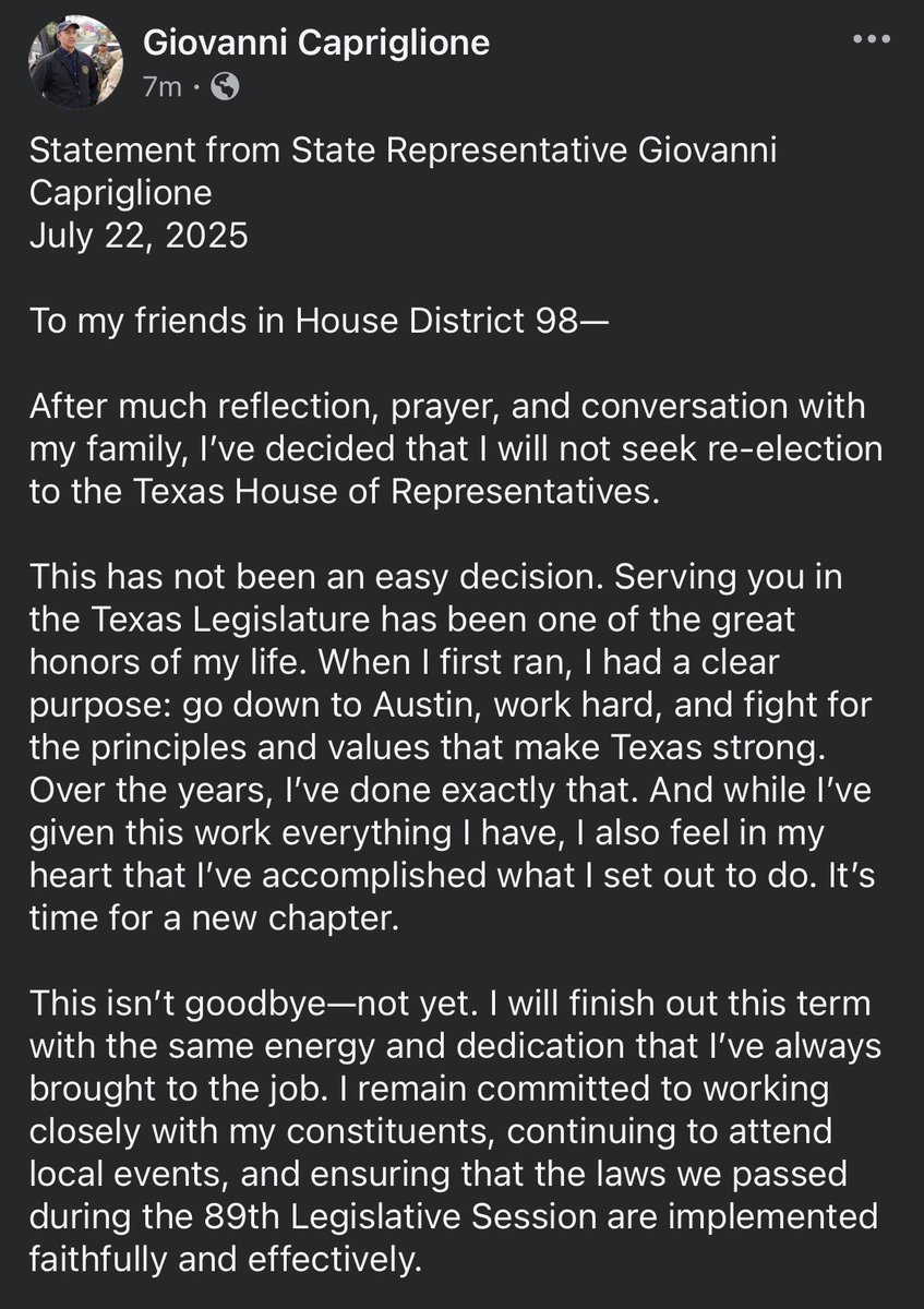 Brad Johnson (@bradj_tx) on Twitter photo New: In a FB post, <a href="/VoteGiovanni/">Giovanni Capriglione</a> says he will not seek re-election in 2026. #txlege
facebook.com/share/p/16XG8G…? New: In a FB post, <a href="/VoteGiovanni/">Giovanni Capriglione</a> says he will not seek re-election in 2026. #txlege
facebook.com/share/p/16XG8G…?