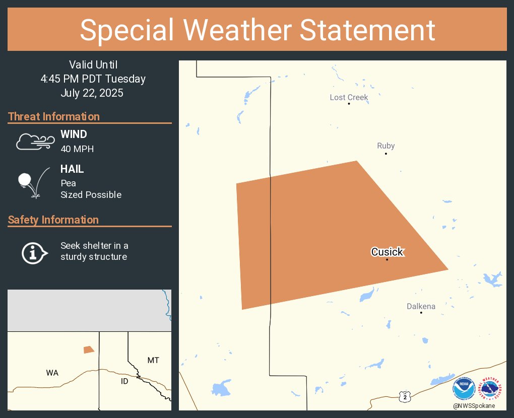 NWSSpokane's tweet image. A special weather statement has been issued for Cusick WA and Usk WA until 4:45 PM PDT