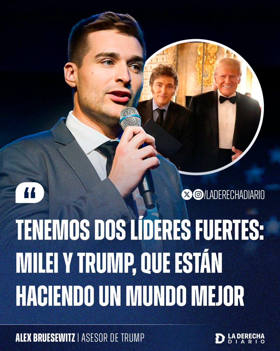 laderechadiario's tweet image. 🚨🇺🇸🇦🇷 | "Tenemos dos líderes fuertes: Milei y Trump, que están haciendo un mundo mejor": La frase del Director de Comunicación Digital de Trump, Alex Bruesewitz, en La Derecha Fest Córdoba.