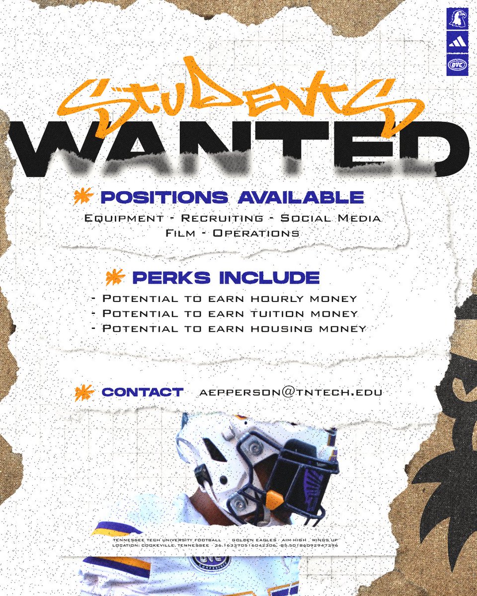 TNTechFootball's tweet image. 🚨STUDENT WORKERS WANTED🚨
If you are interested in becoming apart of Tennessee Tech’s Football staff, please contact:
aepperson@tntech.edu
For Video, please contact:
araymond@tntech.edu
#AimHigh | #WingsUp