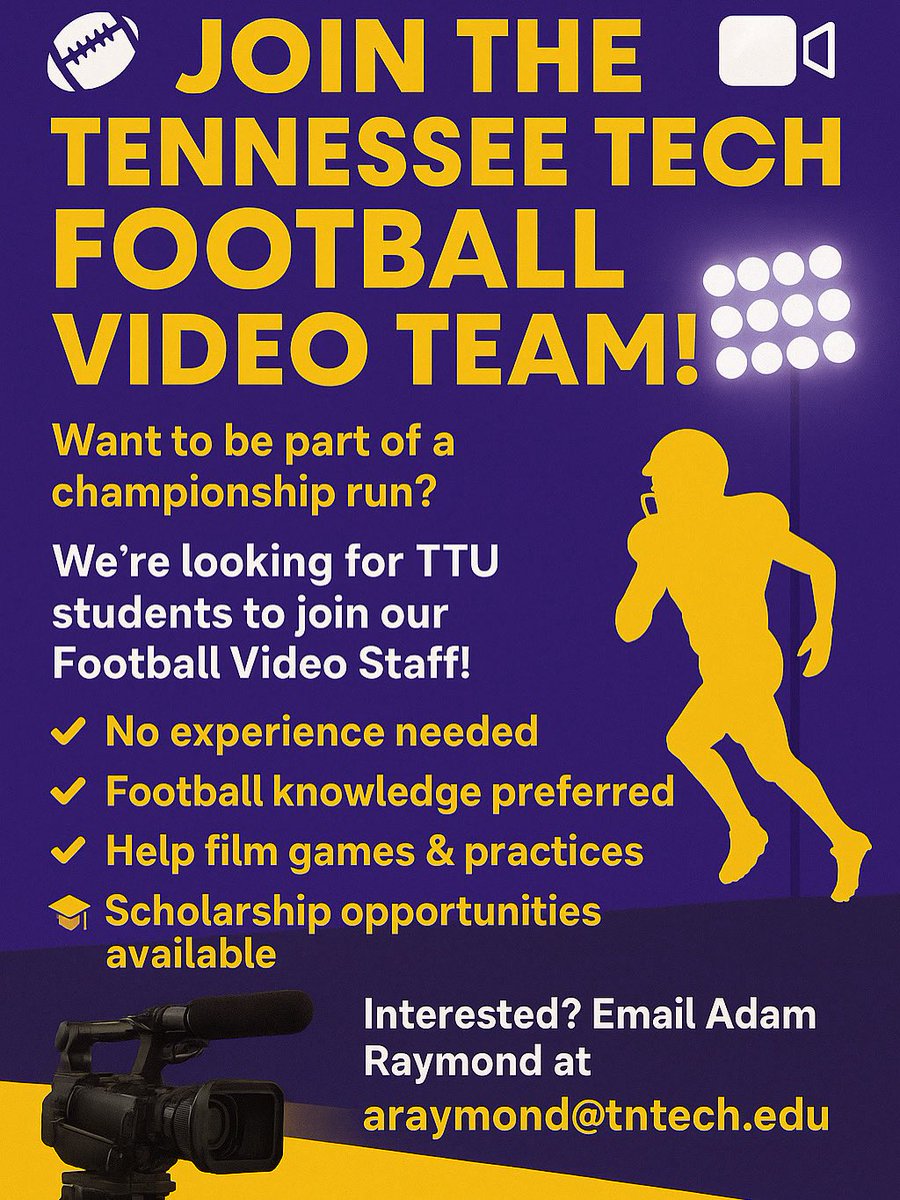 TNTechFootball's tweet image. 🚨STUDENT WORKERS WANTED🚨
If you are interested in becoming apart of Tennessee Tech’s Football staff, please contact:
aepperson@tntech.edu
For Video, please contact:
araymond@tntech.edu
#AimHigh | #WingsUp