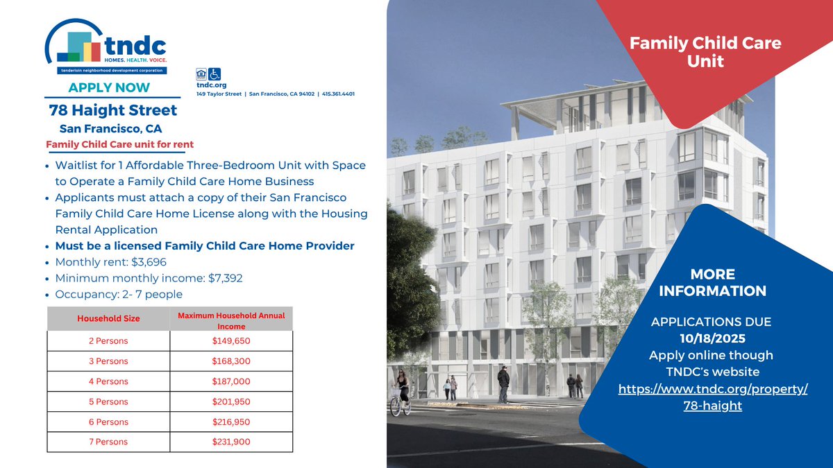 Affordable Rental Opportunity in Hayes Valley

Join the waitlist to rent one affordable three-bedroom unit with space to operate a family child care unit at 78 Haight St.