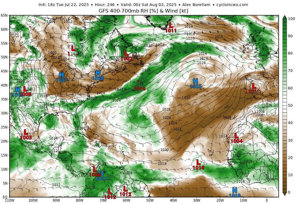 This +NAO configuration tends to cause issues for the Atlantic in a few ways. One of the big ones is sending dry air down into the MDR. You can see one prominent example on the Day 10 GFS. Along with the background stability, this is going to make it very difficult to get