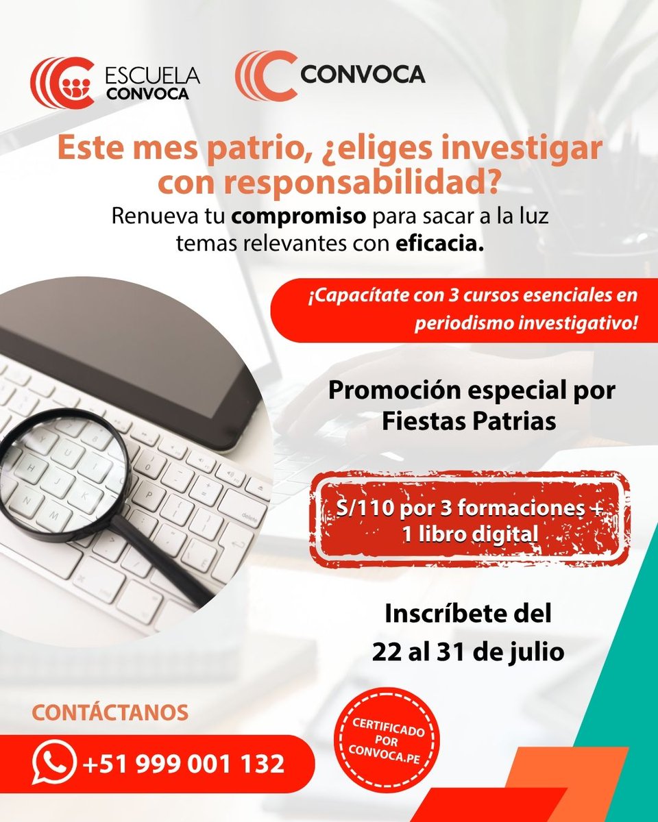 ConvocaPe's tweet image. 🕵#PackInvestigador I ¡Hacer patria también es investigar!
Potencia tus habilidades con 3 cursos esenciales en periodismo investigativo y fact-checking creados por la Escuela Convoca y Convoca.
📲 Más info 👉 bit.ly/packinvestigad…