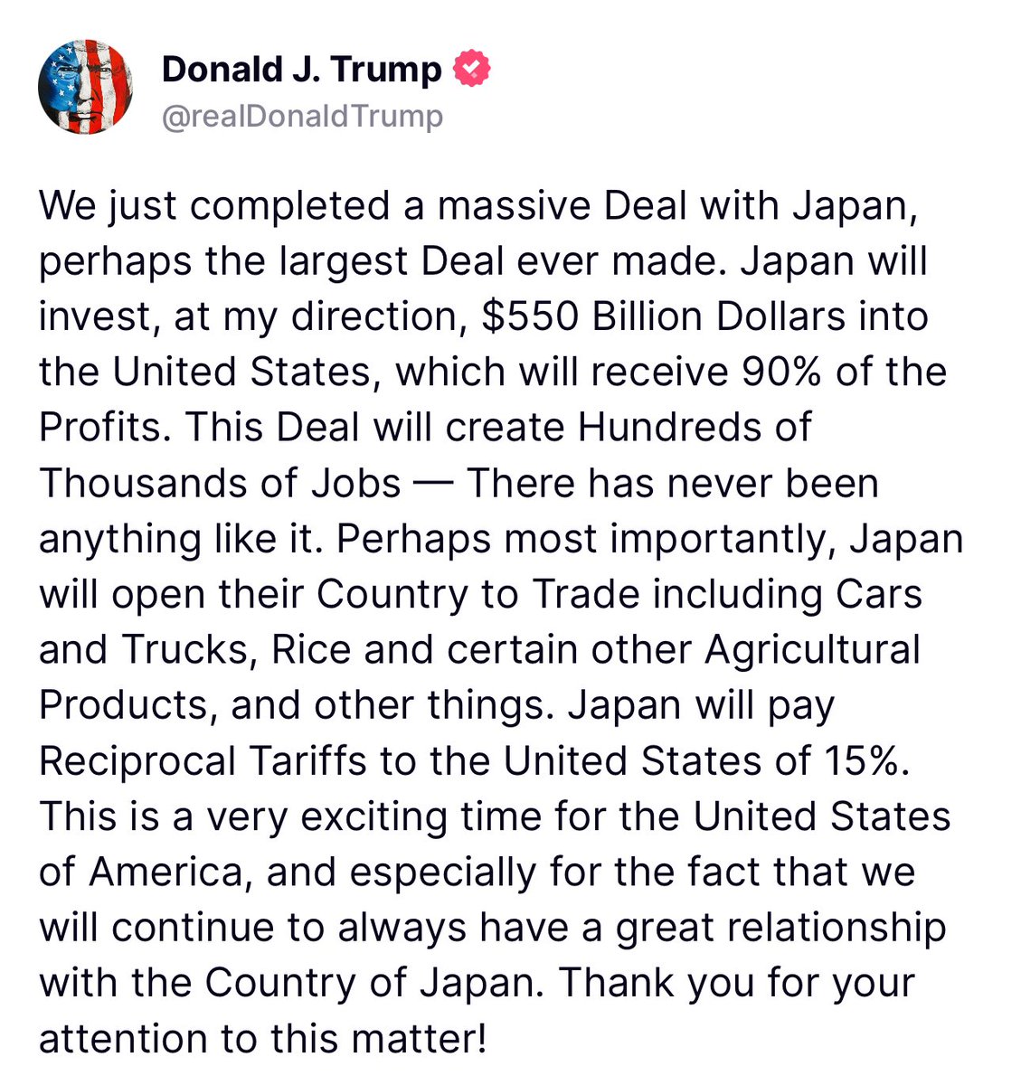 amitisinvesting's tweet image. TRUMP ANNOUNCES JAPAN TRADE DEAL
- $550B INVESTMENT FROM THE JAPANESE INTO THE US
- 15% TARIFFS
Japan was one of the big 7 countries to get a deal done with, if this is official…
bullish 🚀