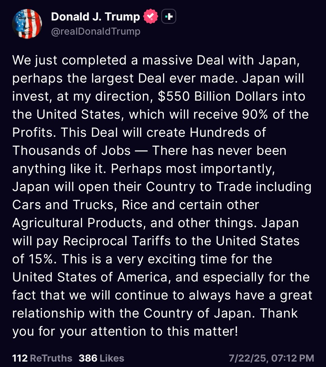 wallstengine's tweet image. TRUMP: ANNOUNCES TRADE DEAL WITH JAPAN - $550 BILLION INVESTMENT AND 15% TARIFF