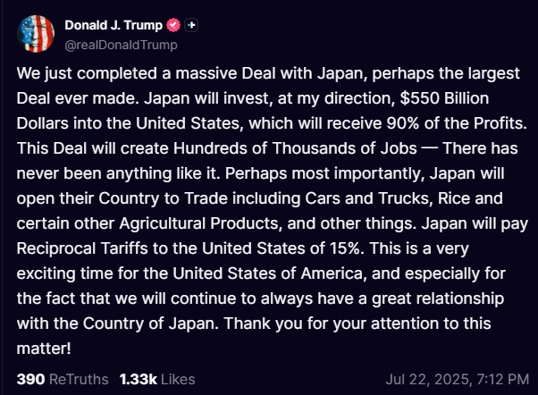 Trump announces massive trade deal with Japan.