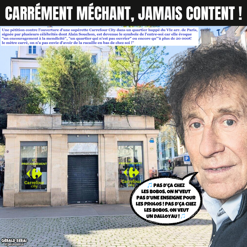 GeraldSerai's tweet photo. Il pousse le Souchon un peu loin…
----------
#bfn #breakingfakenews #humour #meme #actualite #Petition #implantation #superette #CarrefourCity #alainsouchon #parisVIe #vavin #bobos
Impertinemment vôtre ! 😜🔔 https://t.co/GGuk82JZbh