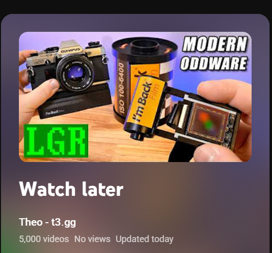 theo's tweet image. Fun fact: if your "watch later" playlist goes over 5,000 videos, you can no longer add videos to it.
There's no built in way to back up the playlist either 🙃🙃🙃