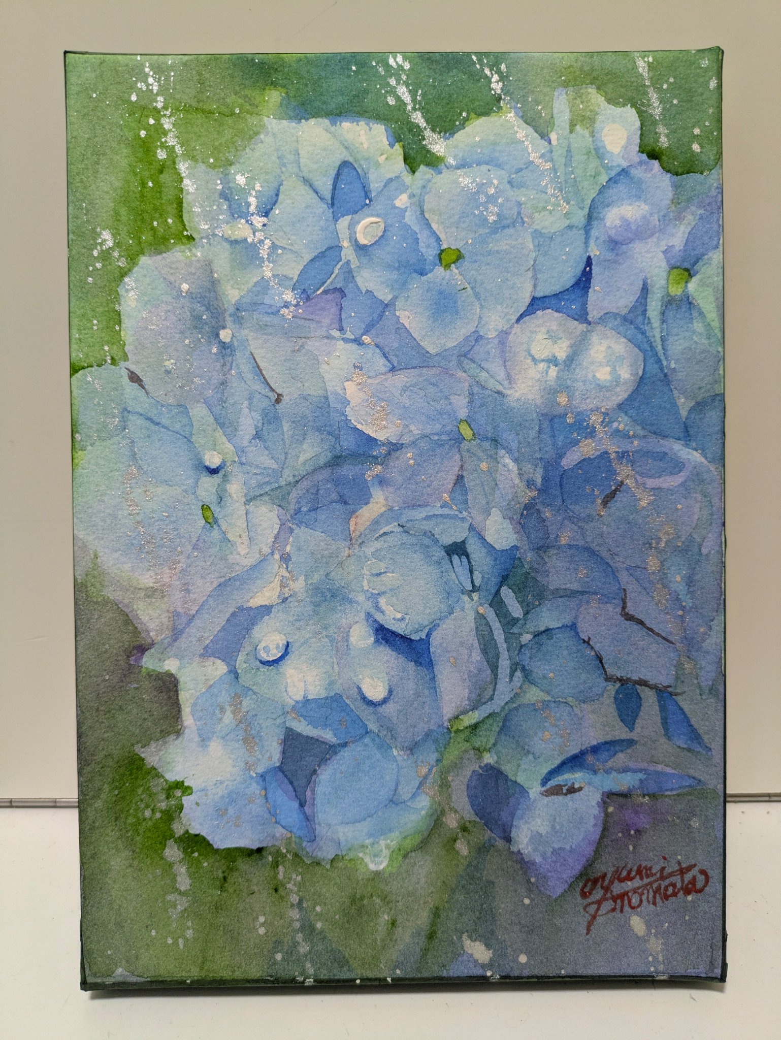 透明水彩画　SＭ　紫陽花　額付　ガラス 透明水彩画 紫陽花（あじさい）F10サイズ 額縁付 原画 新築